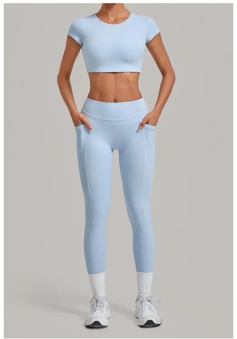 Women's Seamless Yoga Sets Sports Running High Waist Hip-lifting Pants Backless Short-sleeve Suits Workout Fitness Leggings Sets