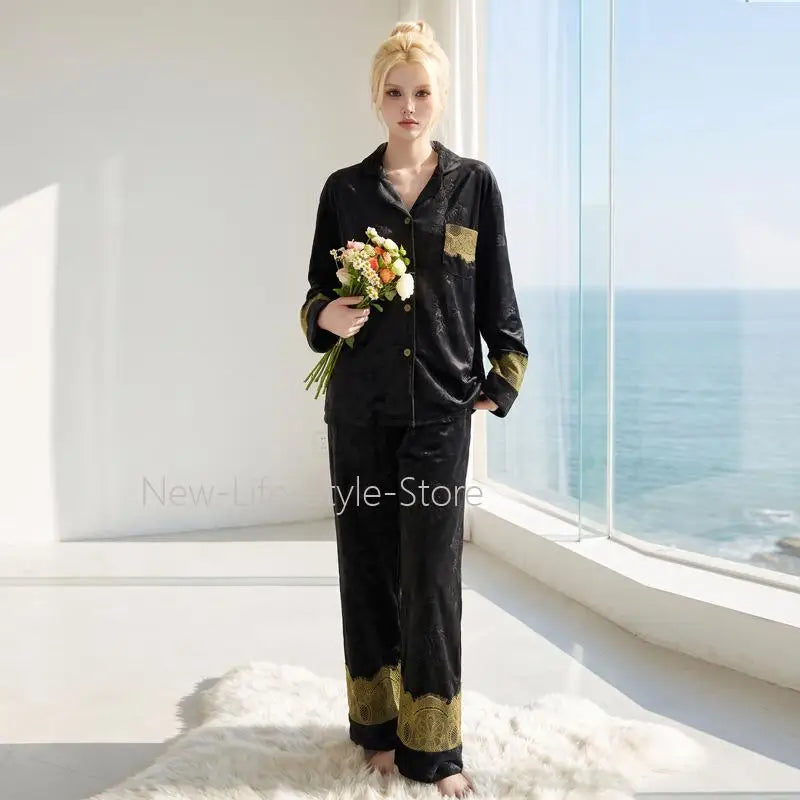 Autumn Winter Simple Fleece Warm Set Luxury Wearable Outside Homewear Sleepwear Women Island Velvet Pajamas