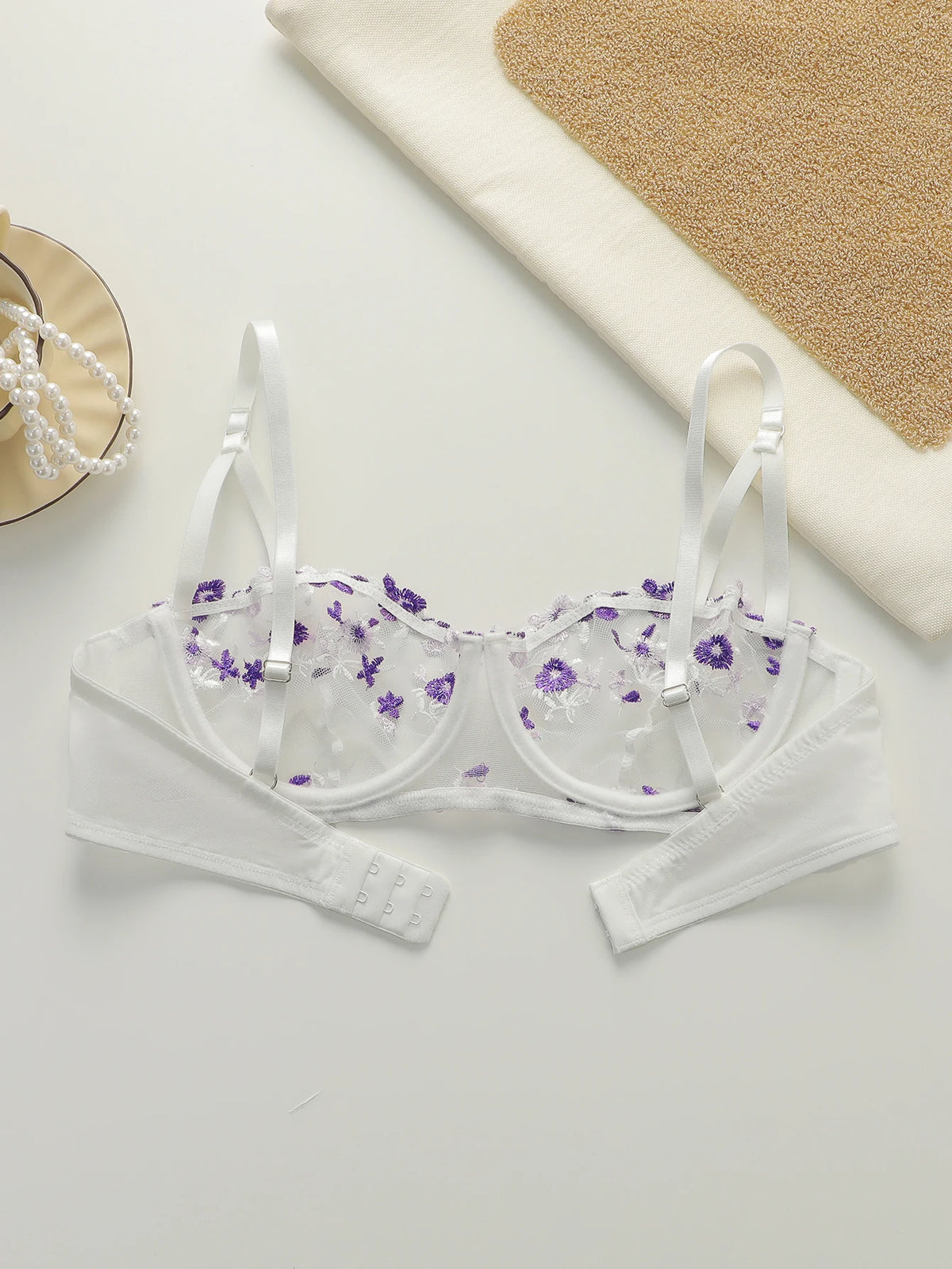 Beautiful flower embroidered bra, transparent sexy underwear with adjustable shoulder straps MR2956