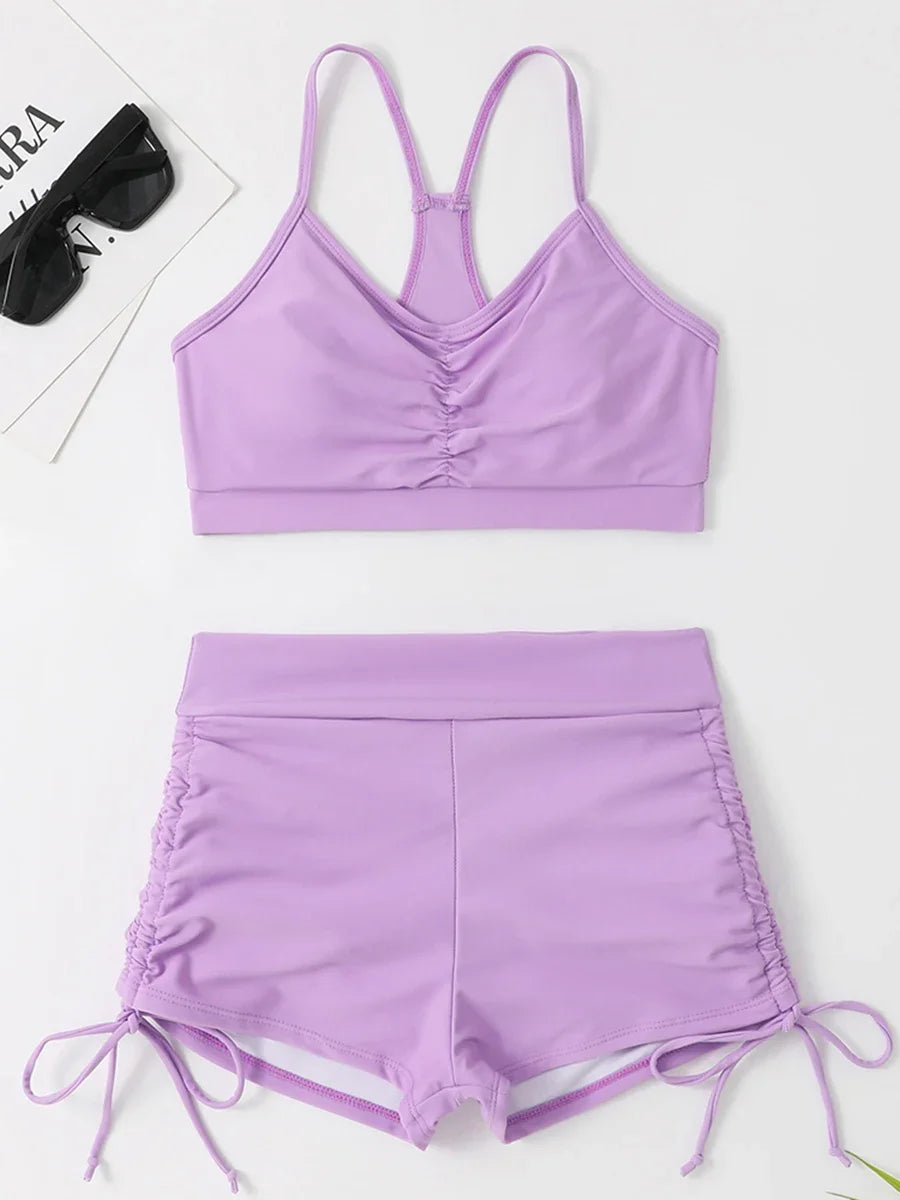 Drawstring Front Shorts Bikinis 2024 High Waist Swimsuit Women Swimwear Female Bathers Bathing Swimming Swim Suit Beachwear