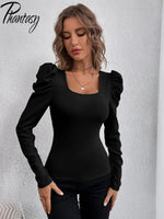 Phantasy New Y2k Tops Fashion Square Collar Slim Leg Sleeve Knitted Bubble Long Sleeve T-shirt Casual Style Vintage Clothing