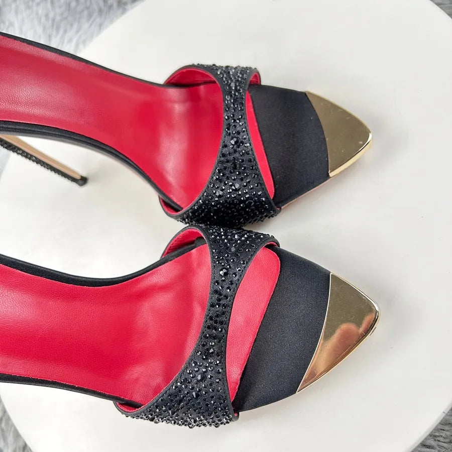 Diamond Black print high heeled slippers for women with thin heels, pointed toes exposed toes soles high heels 12cm sexy sandals