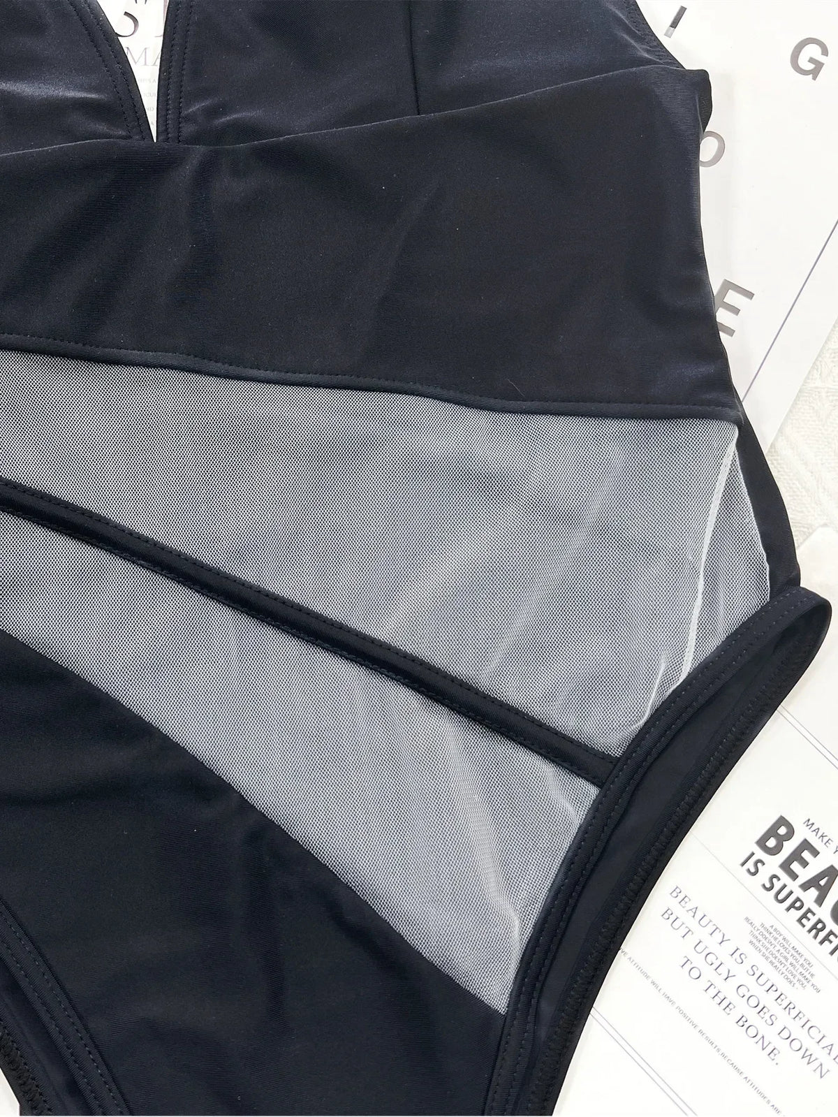 2026 Sexy One Piece Swimsuit Swimwear Women Black Perspective Mesh V-neck One-piece Bathing Suit Beachwear Maillot De Bain Femme