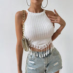 Women's Summer Vest Tassel Hem Sleeveless Cold Shoulder Fashionable Slim Tank Tops casual Y2K Chic Tops