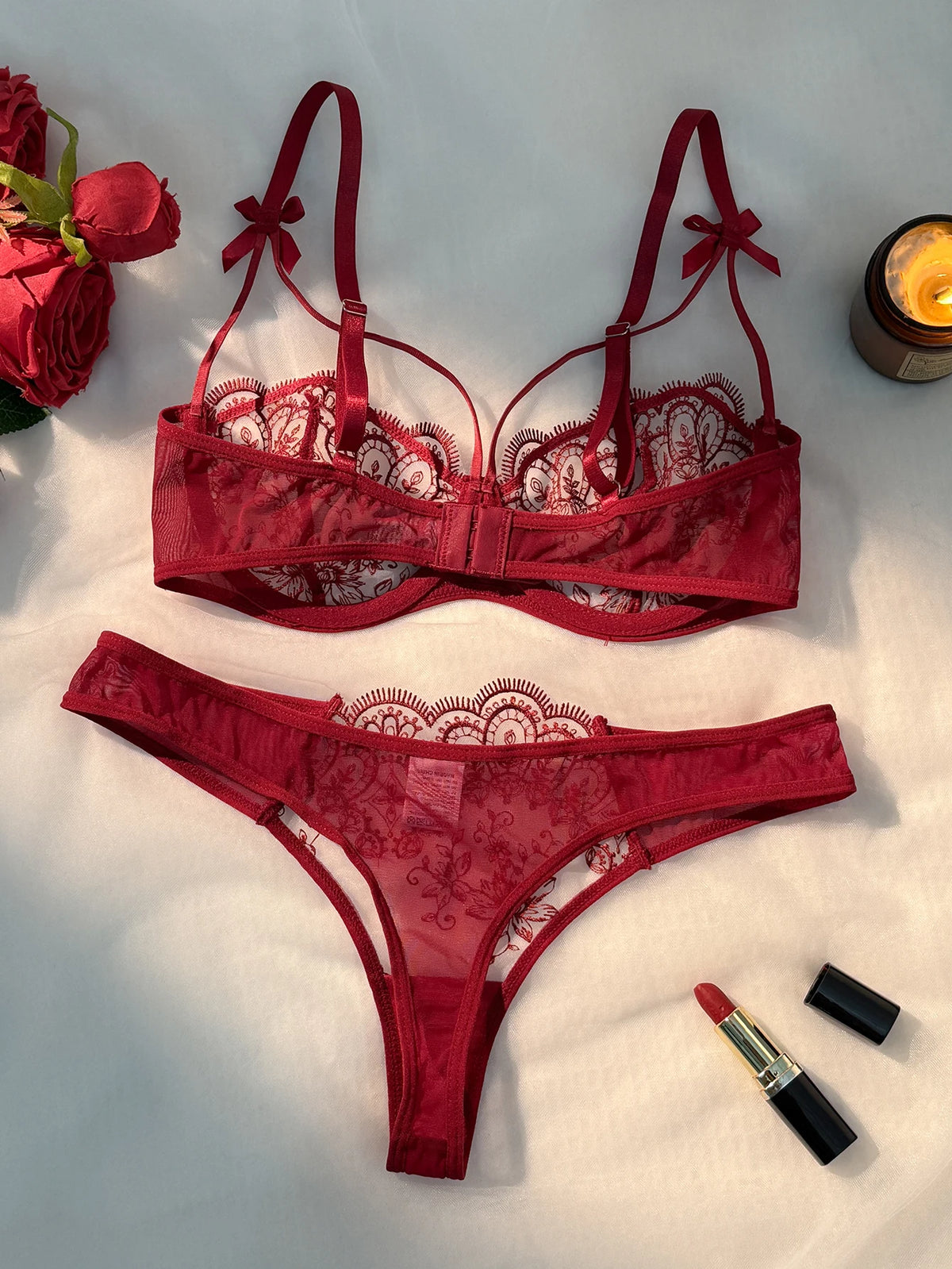 Red Floral Lace Lingerie Set Sheer Mesh Underwire Bra With Bow & Thong Women Sexy Underwear ZA824057