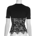 FDYOUI Woman Clothing Lace Patchwork Corset T-shirt 2026 Elegant Sexy Short Sleeve See-through Black Tops Y2K Girls T-shirts