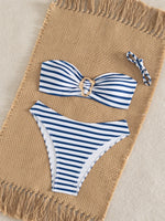 Sexy Blue Striped Micro Bikini 2026 Women Bandeau Front Metal Circle Push Up Bra High Waist Swimsuit Beach Bathing Suit Swimwear