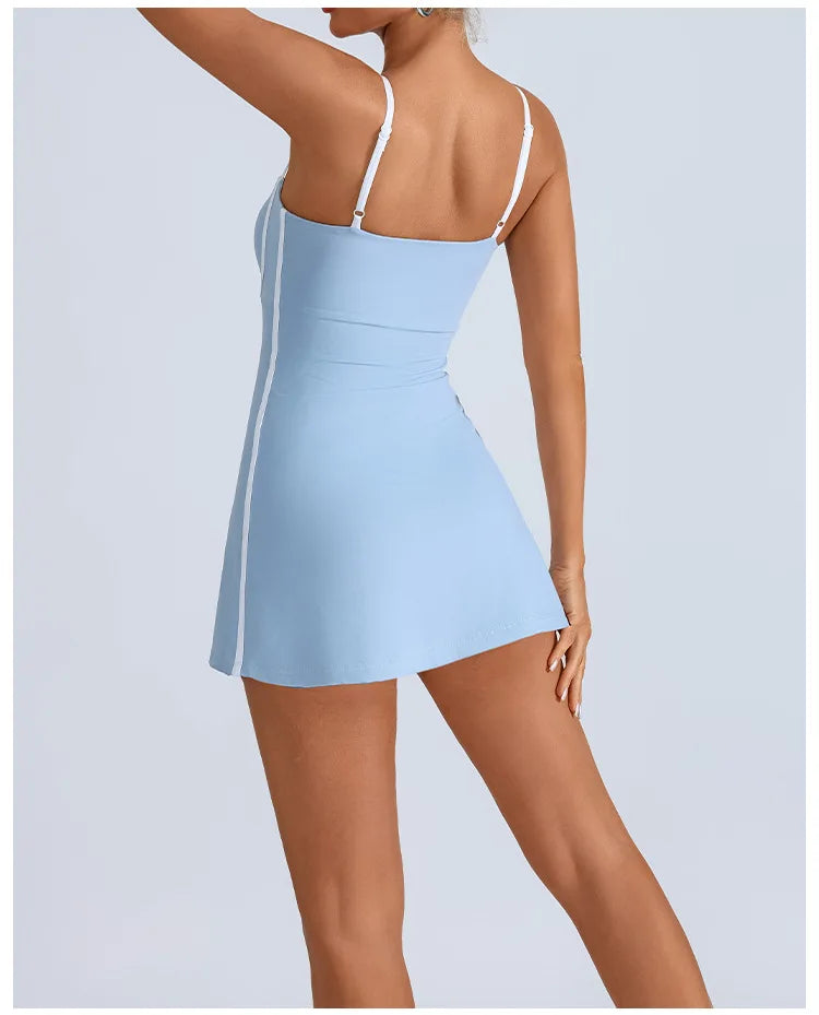 Women's Tennis Dress Summer Sleeveless Pink Contrast Workout Yoga Dresses Build in Shorts Fashion Tight Fitting Skirts Suit