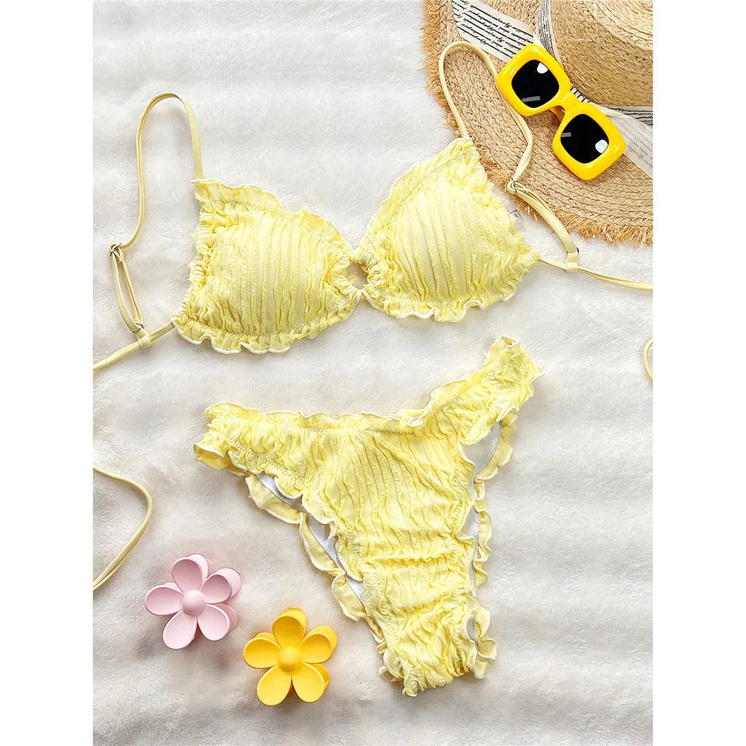 Wrinkled Crinkled Frilled Bikini Female Swimsuit Women Swimwear Two-pieces Bikini set Brazilian Bather Bathing Suit Swim V8053