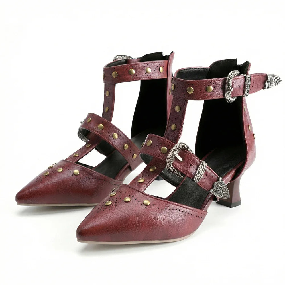 2026 Big Size 32-50 Vintage Gothic Punk Pointed Toe 6cm Kitten Heels with Western Cowboy Buckles & Studs Sandals Women Shoes