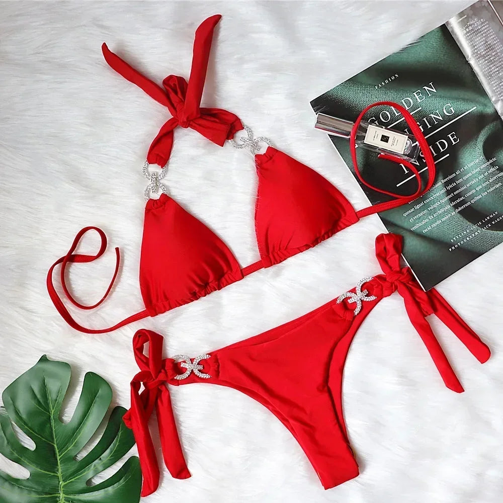 Luxury Rhinestones Bikin 2026 New Women Solid Red Blue Bandage Cross Diamond Thong Swinsuit Beach Bathing Suit Swimwear Biquini