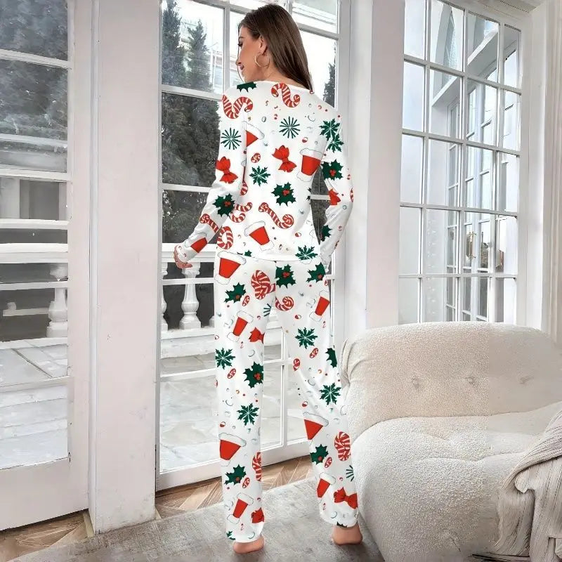 Women's Christmas Pajamas Set Autumn Winter Floral Printed Long Sleeve T-shirt and Long Pants Suit Loungewear Sleepwear