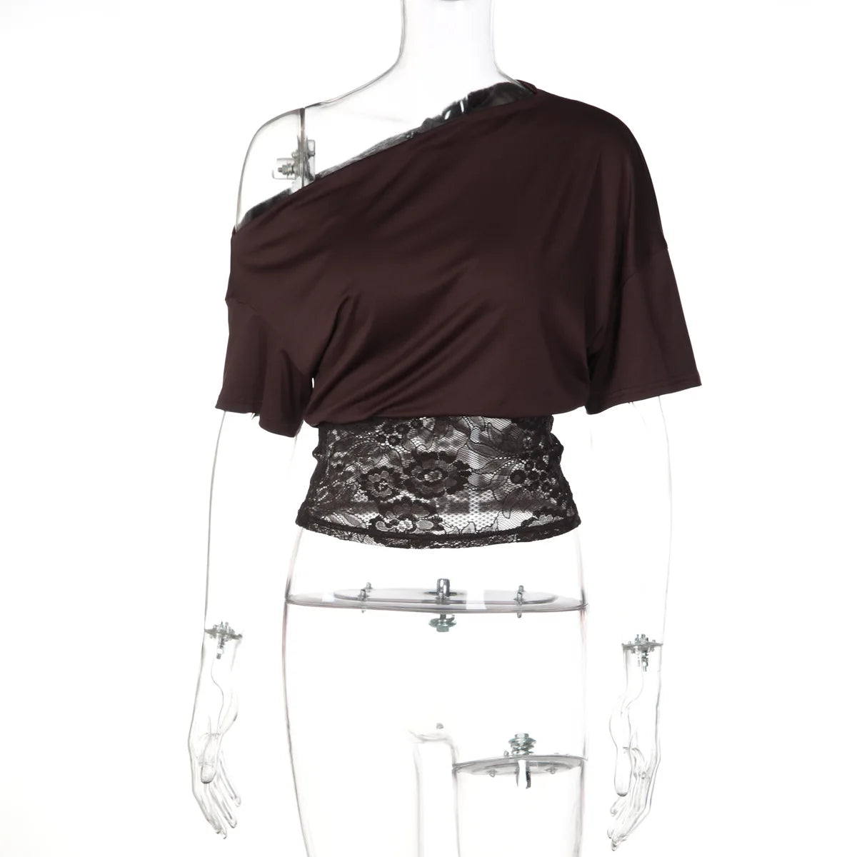 FDYOUI Sexy Chic Diagonal Collar Lace Patchwork T-shirts 2026 Women Short Sleeve Irregular Cropped T Shirt Lady Tunics Tops Tees
