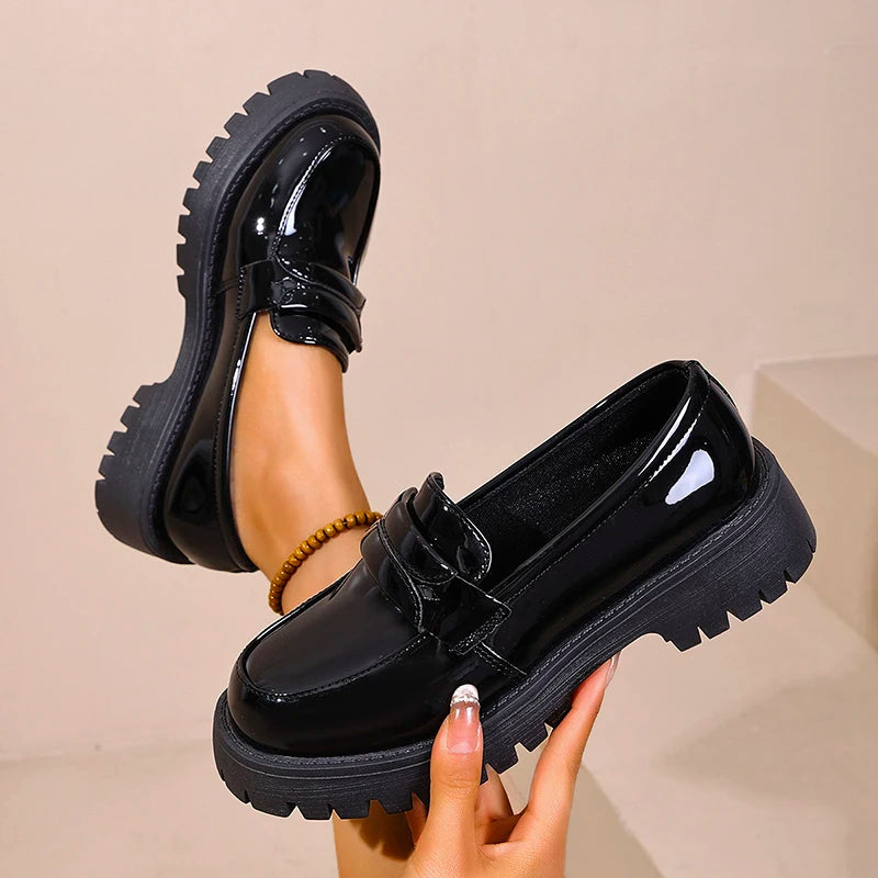 British Style Platform Loafers for Women Plus Size 43 Thick Heel Commute Work Shoes Ladies Comfort Thick Sole Pu Leather Shoes