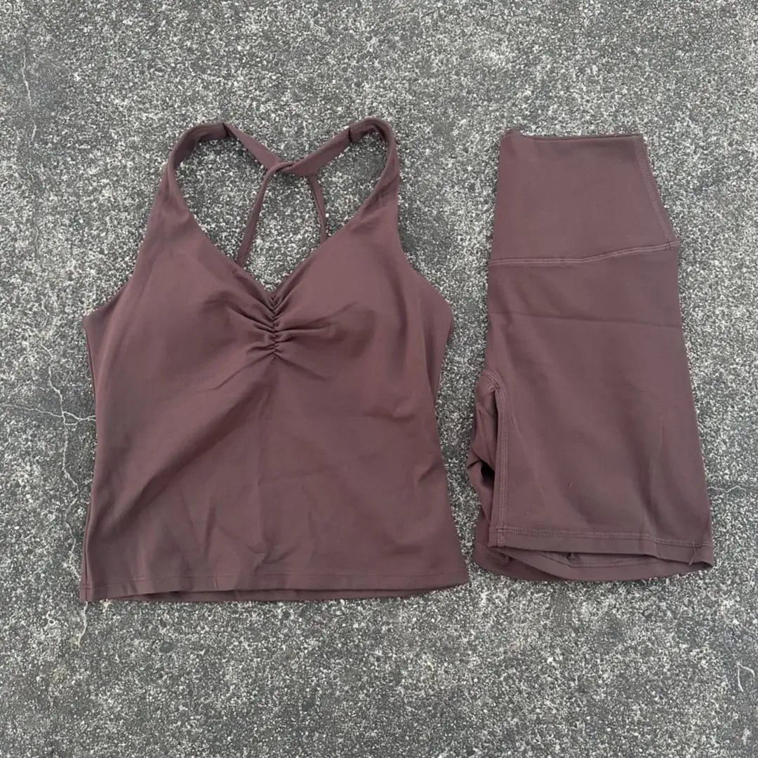Women Gym Yoga Short Cycling Set Cross Back Gym Bra Tank Top +High Waist Cycling Short Leggings High Impact Shockproof Sportwear