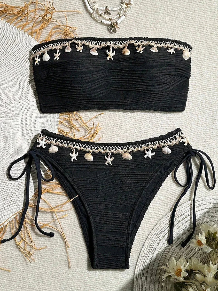 XS - XL Wrinkled Shells Bandeau Bikini Women Swimwear Female Swimsuit Two-pieces Bikini Set Bather Bathing Suit Swim Beachwear