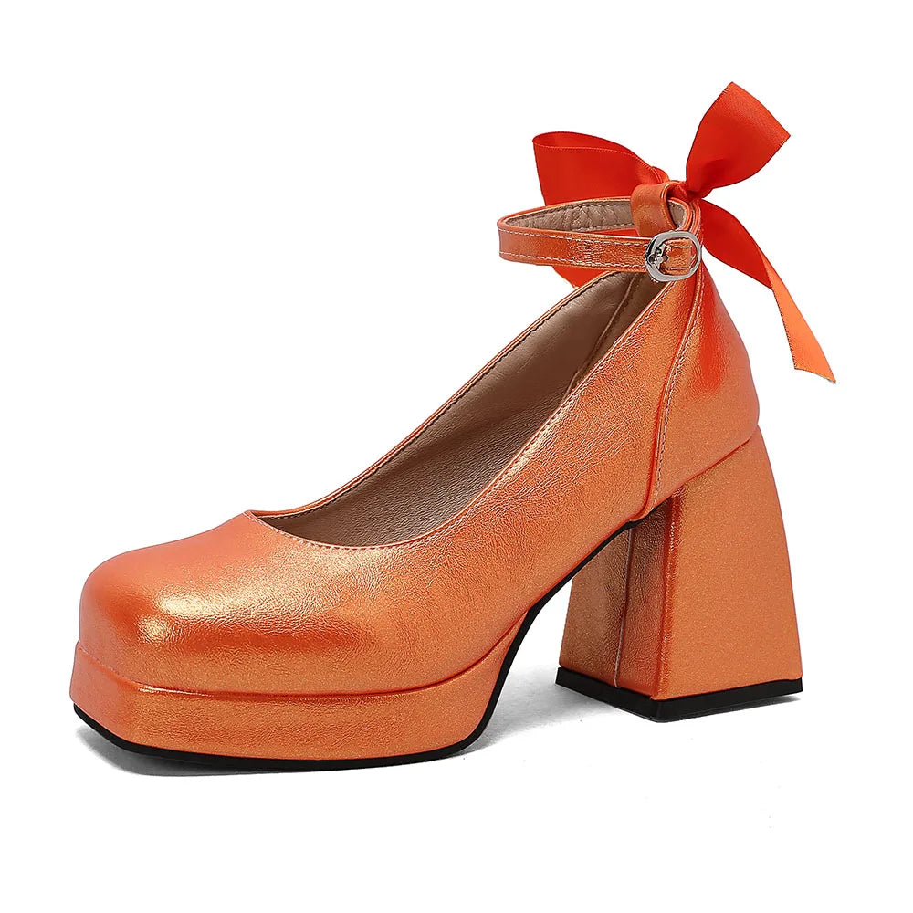 Big Size 48 Sweet y2k Pink Mary Janes Pumps Blue Ribbon Knot Block High Heels Shoes Women White Party Wedding Platform Shoes