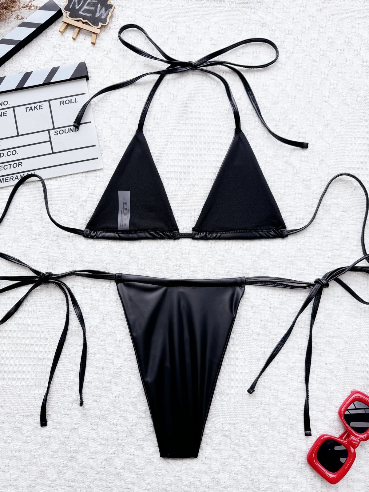 DEKA PU Faux Bikini Set Leather Halter High Leg Cut Female Swimsuit Women Sliver Swimwear Bikini Bather Bathing Suit Swim