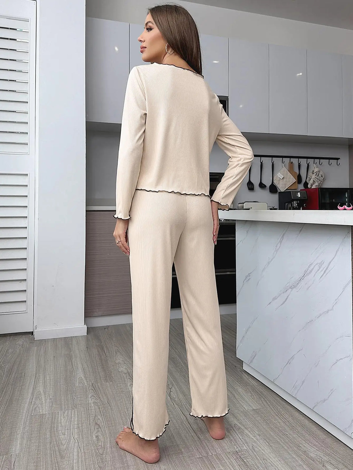 Autumn Winter Women Solid Color Pajama Set Casual Loungewear Long SleeveLeg Pants 2 Piece Outfit Comfortable Homewear New Hot