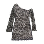 Spring Summer Off-Shoulder Sexy Leopard Print Long-Sleeve Dress European-Style Casual Backless Bell-Sleeve Mini Skirt Streetwear