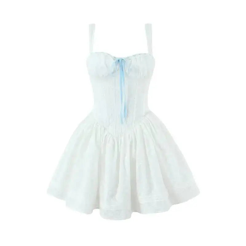 Vietnamese Sweet Lace Embroidered Tie-Waist Dress For Women Thai First Love Patchwork Pleated Puffy Short Skirt Pure Desire WPN1