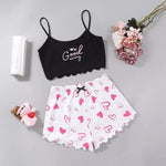 Sweet Heart Print Lounge Set Spaghetti Strap Cami Top And Shorts With Frill Details Perfect For Women's Summer Casual Attire Pjs