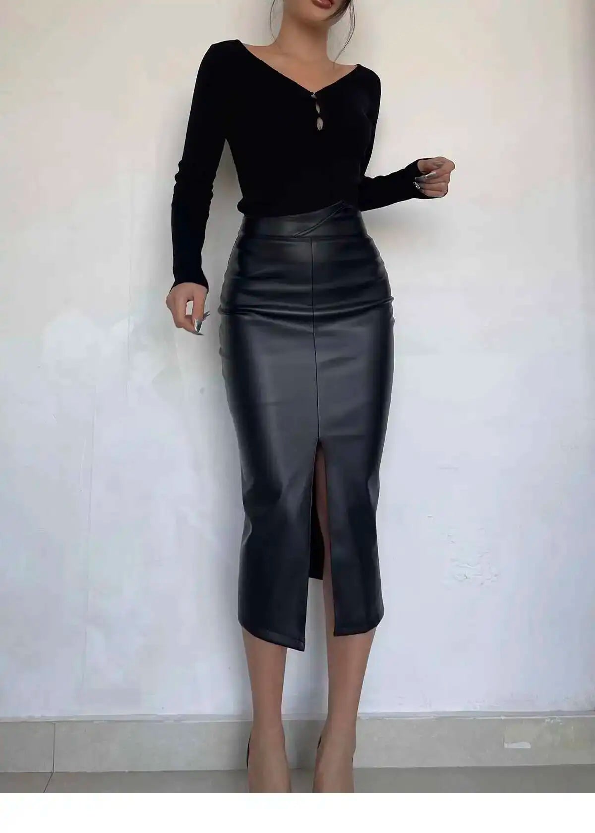 Sexy One Step Split PU Leather Half Skirt For Women's New High Waisted Slim Streetwear Black PU Fashion Womne Mini DressYTM8