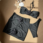 Sexy Black 3D Flower Bandeau Swimwear Skirts Cover Ups Thong 3 Piece Bikini Set 2026 Women Swimsuits Beachwear Bathers Bikinis