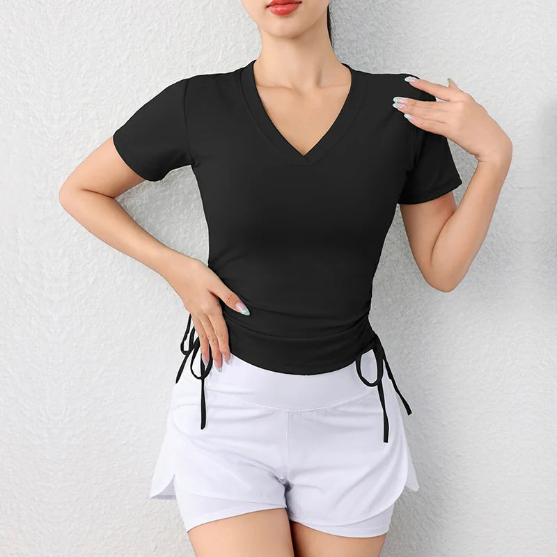 2024 Women Long Sleeve Gym Shirts Light Weight Side String Yoga Tops Plus Size Quick Dry V Neck T Shirts Workout Sports Wear