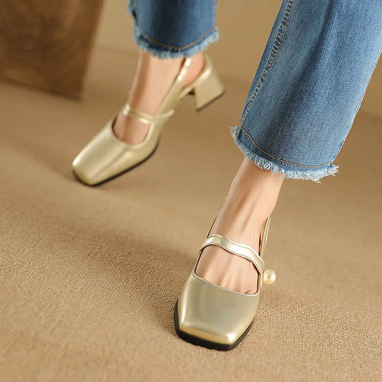 Elegant Slingback Sandals Women Summer Shoes Pink Black Silver Medium Heels Close Toe Office Party Shoes Female Large Size 45