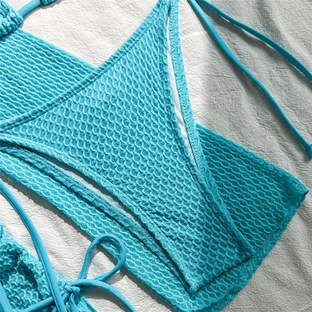 Beige Mesh Halter String Triangle Micro Thong Bikinis Sets 4 Pieces Long Sleeve Cover Ups Sexy Swimsuit Women Holiday Swimwear