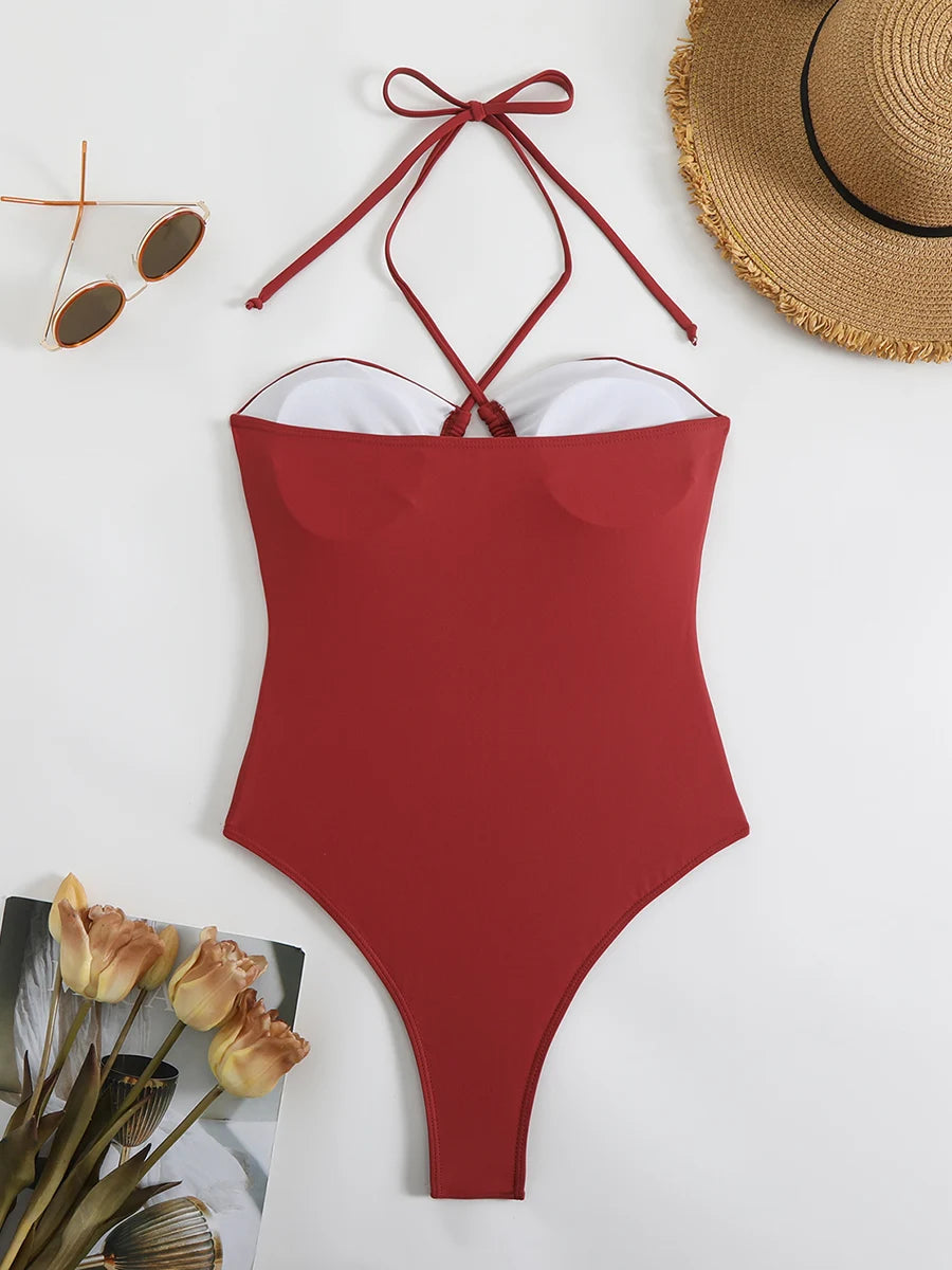 2026 Strappy Printed One Piece Swimsuit Women Sexy Hollow Swimwear Female Solid Bathers Bathing Swimming Swim Suit Beachwear
