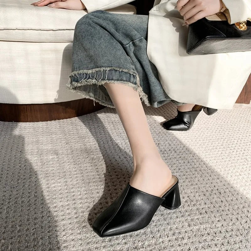 Comemore Baotou Half Slippers Women Square Head High Heels Shoes Fashion Outside Wear Thick Heel Solid Color Mules Slides Shoes
