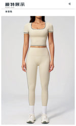 2PC Color Contrast Yoga Suit Women Short Sleeve Square Collar Slim Sports Top Fitness Suits Outdoor Exercise Leggings Tracksuit