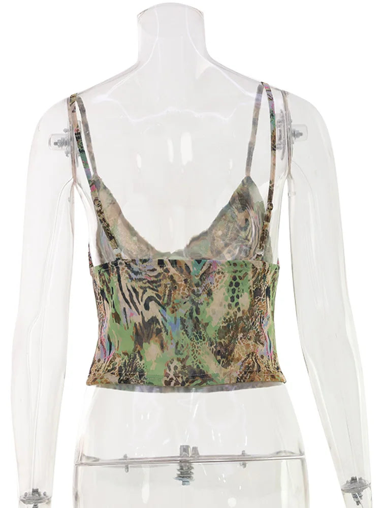 Ahagaga Fashion Sexy Women's Tops Sequin Patchwork Slimming Summer Print Personality Crop Top ShortBeach SleevelessBackless