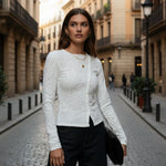 Women Long Sleeve Round Neck Spring Fall Lace Tops Slim Fit Solid Color Oblique Button Up T-shirts