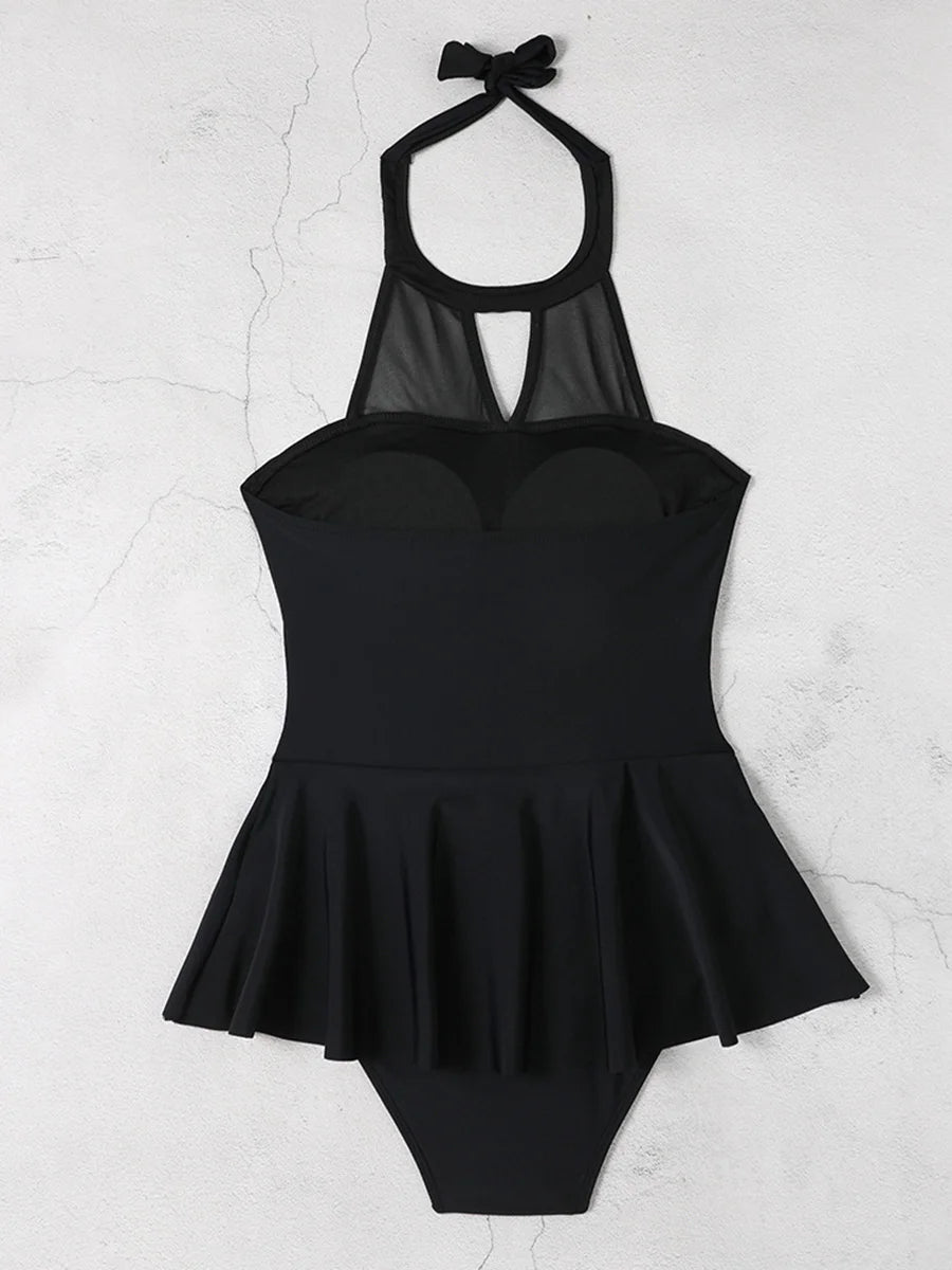2026 Halter String Solid Swimsuit One Piece Sexy Black MeshSwimwear Women Bathing Suit Female Swimming Summer Beachwear Bodysuit