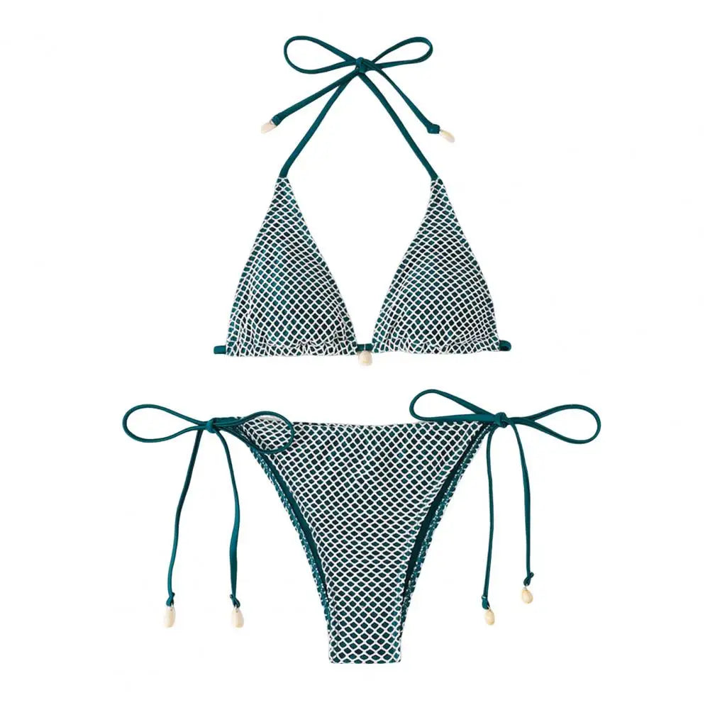 2Pcs/Set Women Bikini Set Chest Pad Push Up Halter Neck Bra Adjustable Side Straps Swimming Briefs Set Lady Mesh Summer Swimwear