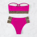 2Pcs/Set Women Bikini Set Ring Connection Off Shoulder Bathing Suit Elastic Waistband Backless High Cut Lady Beach Bikini Suit