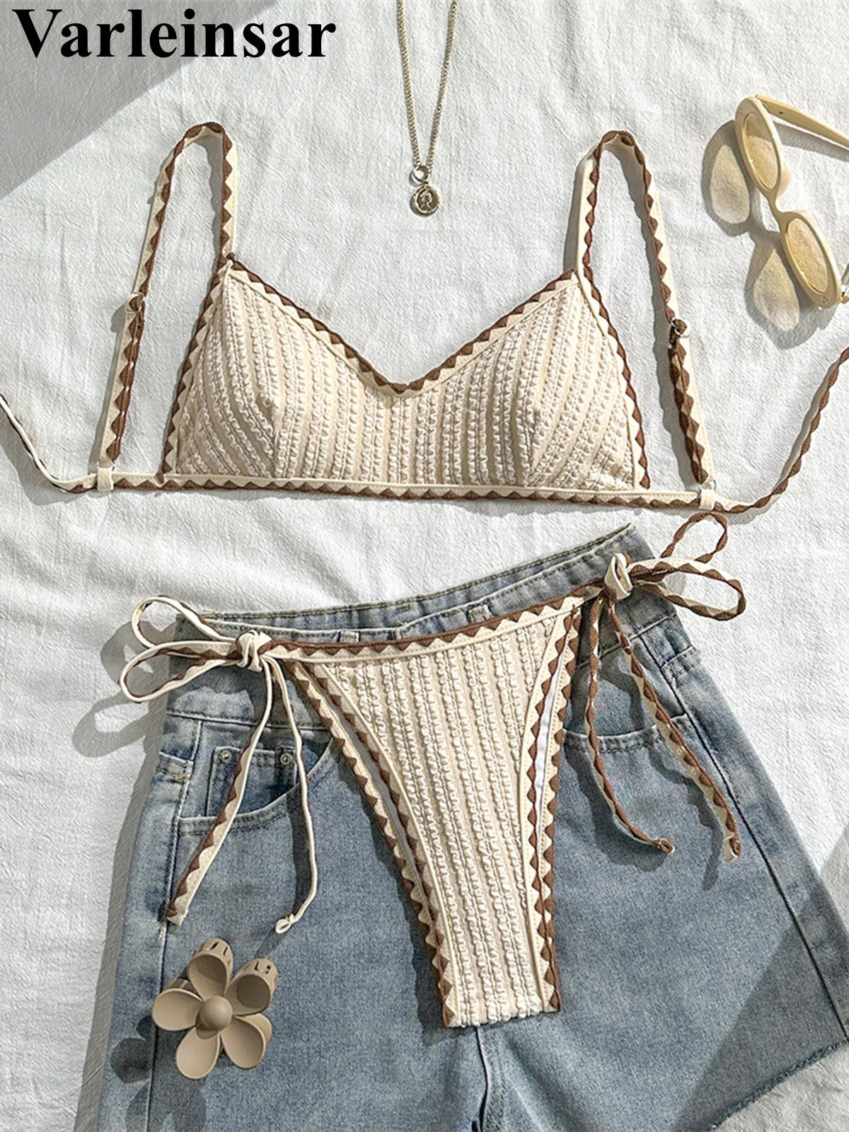 Wrinkled Crinkled Bikini Women Swimwear Female Swimsuit Two-pieces Bikini Set High Leg Cut Padded Bather Bathing Suit Swim V8029