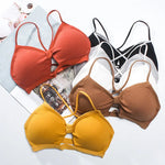 Front Hollow Out Ribbed Bralette Criss Cross Back Thin Straps Removable Chest Pads Wireless Bra Breathable Daily Underwear