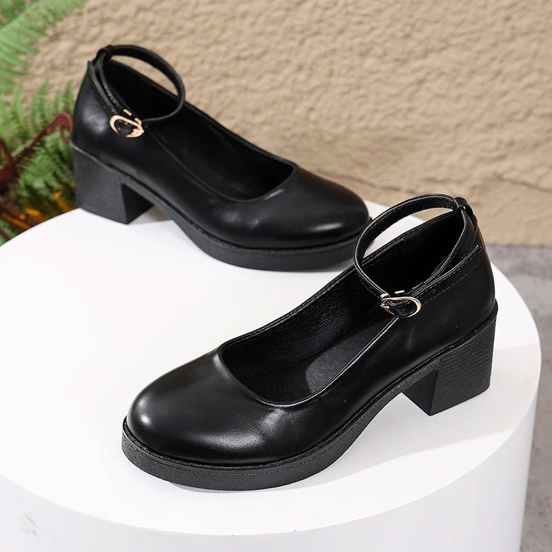 Black Thick Heeled Mary Jane Shoes Women Plus Size 42 Ankle Buckle Platform Pumps Woman Office Pu Leather High Heels Shoes Mujer