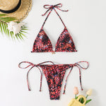 Combhasaki Women's Y2K Goth 2Pieces Tie-up Bathing Suits Sleeveless Halter Neck Backless Floral Bra + Low Waist Thong Swimsuits