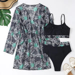 2025 Three Pieces Bikini Set Cover Up Swimwear Women Swimsuit Print Long Sleeve Push Up Bathing Suit Beachwear Swimming Biquini