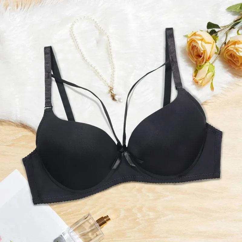 Beauwear Solid Color T-shirt Bras for Women Padded Bra Push Up Cross Straps Bow Underwear