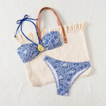 Bandeau Swimsuit Blue Thong Bikinis Women Sexy Print Halter Swimwear Female Padded Bathers Bathing Swim Suit Beach Wear Summer