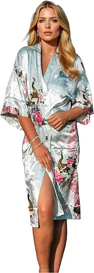 Lace Up Woman Peacock Print Japanese Kimono Yukata Silk Satin Short Style Sleepwear Home Nightgown Bath Robe Costume
