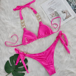 Sexy Rhinestone Bikini Set Women 2026 Luxury Pink Crystal Diamond Push Up Bandage Thong Swimsuit Beach Bathing Suit Swimwear