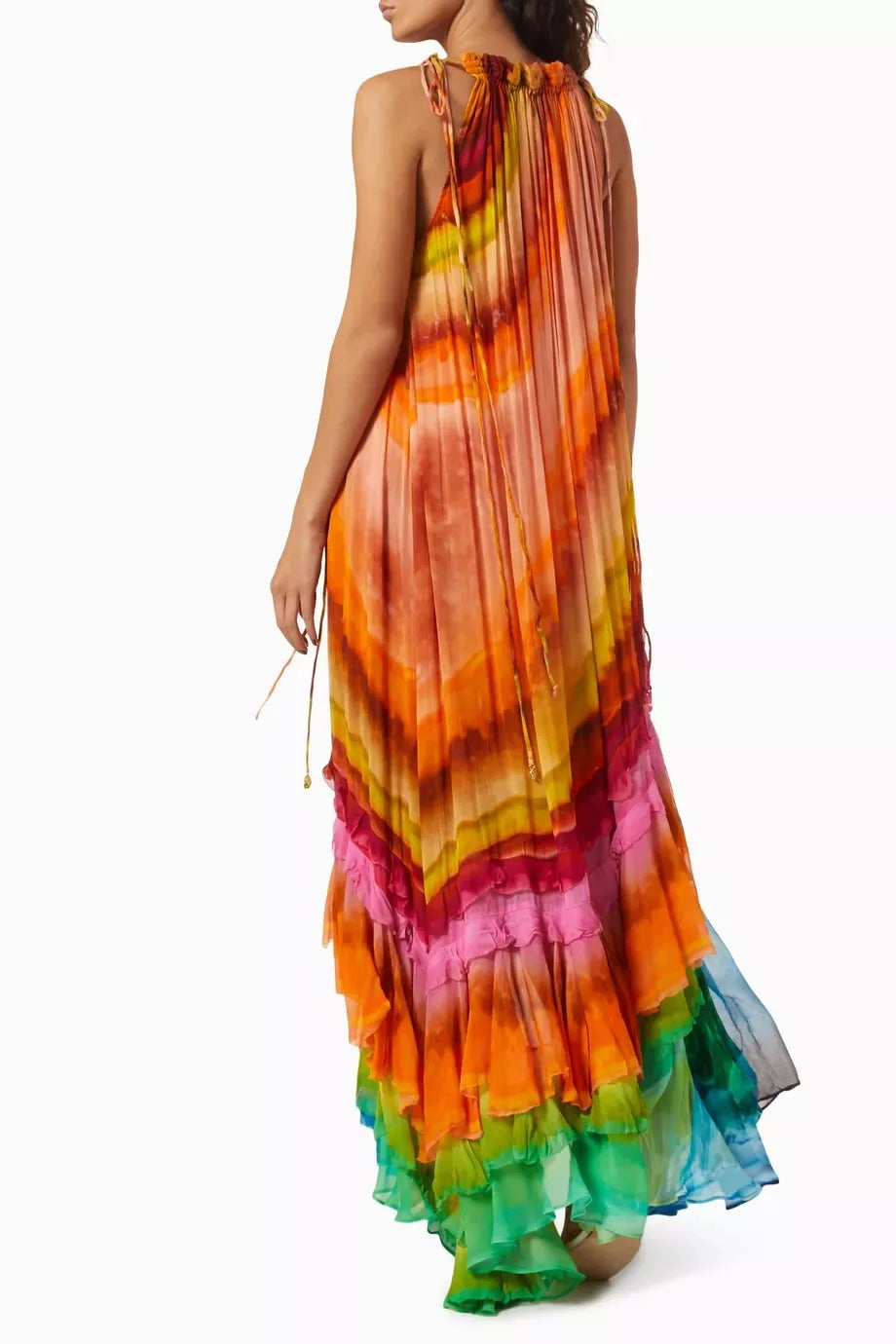 Rainbow Stripe Sleeveless Long Dresses Women Fashion Fold Layered Loose A-line Maxi Dress Temperament Lady Commuting Vestidos