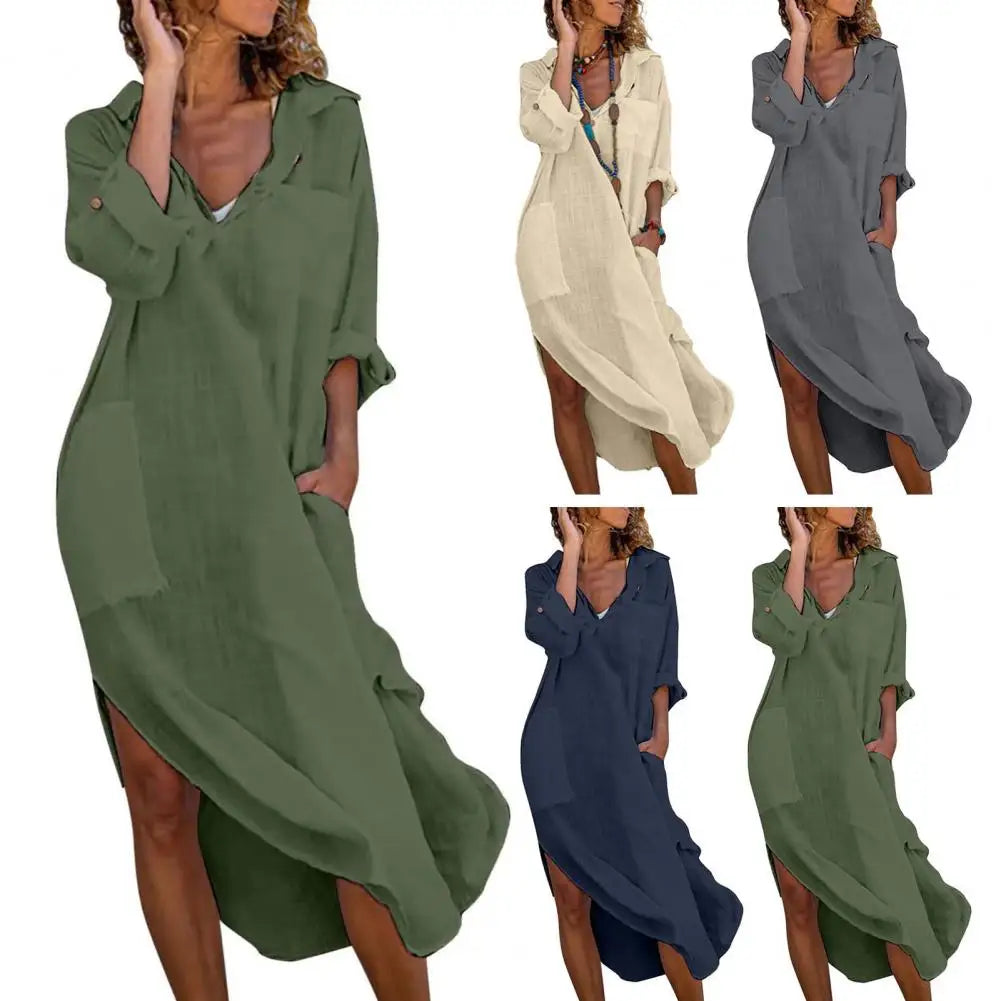 Beach Holiday Dress Women Summer Shirt Dress Lapel V-neck Solid Color Pockets Design Side Split Loose Fit Thin Midi Dress